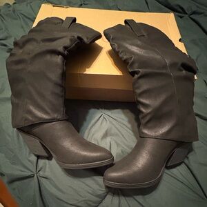 Sugar Black Over-the-Knee Chunky Heel Boots with Pull Tabs